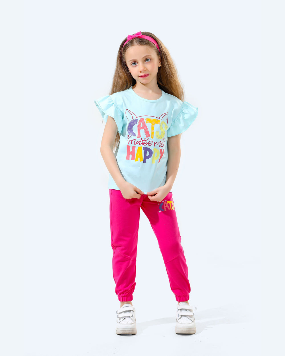 Girls Cats Make Me Happy 2-Piece Set | Aqua - Remint Kids Fashion
