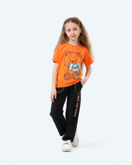 Girls 2-Piece Set with Bear & Bunny Print | Orange - Remint Kids Fashion