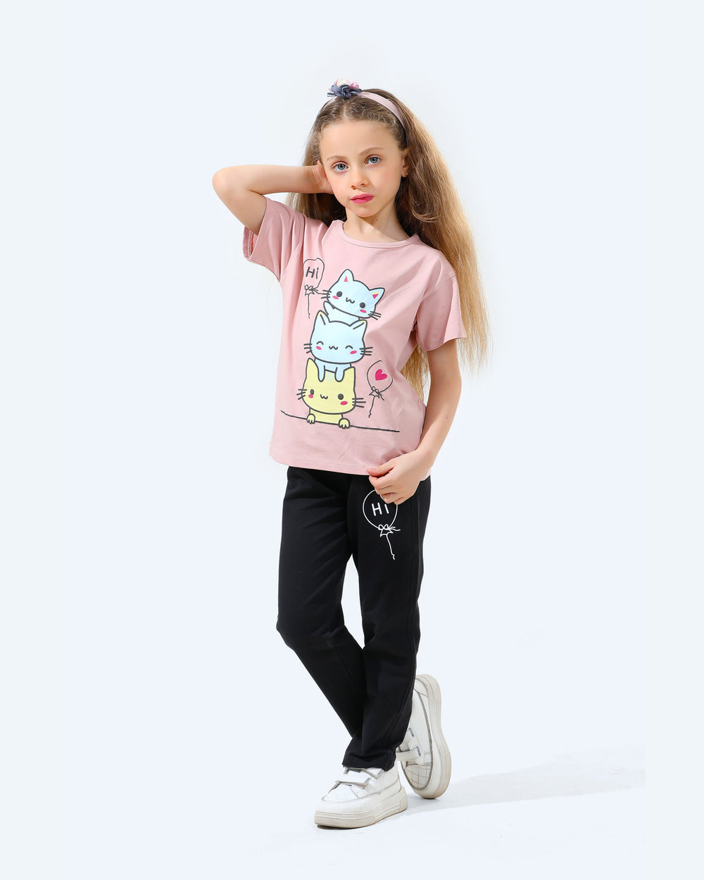Girls Cartoon Cat T-Shirt and Jogger Set | Cashmere - Remint Kids Fashion