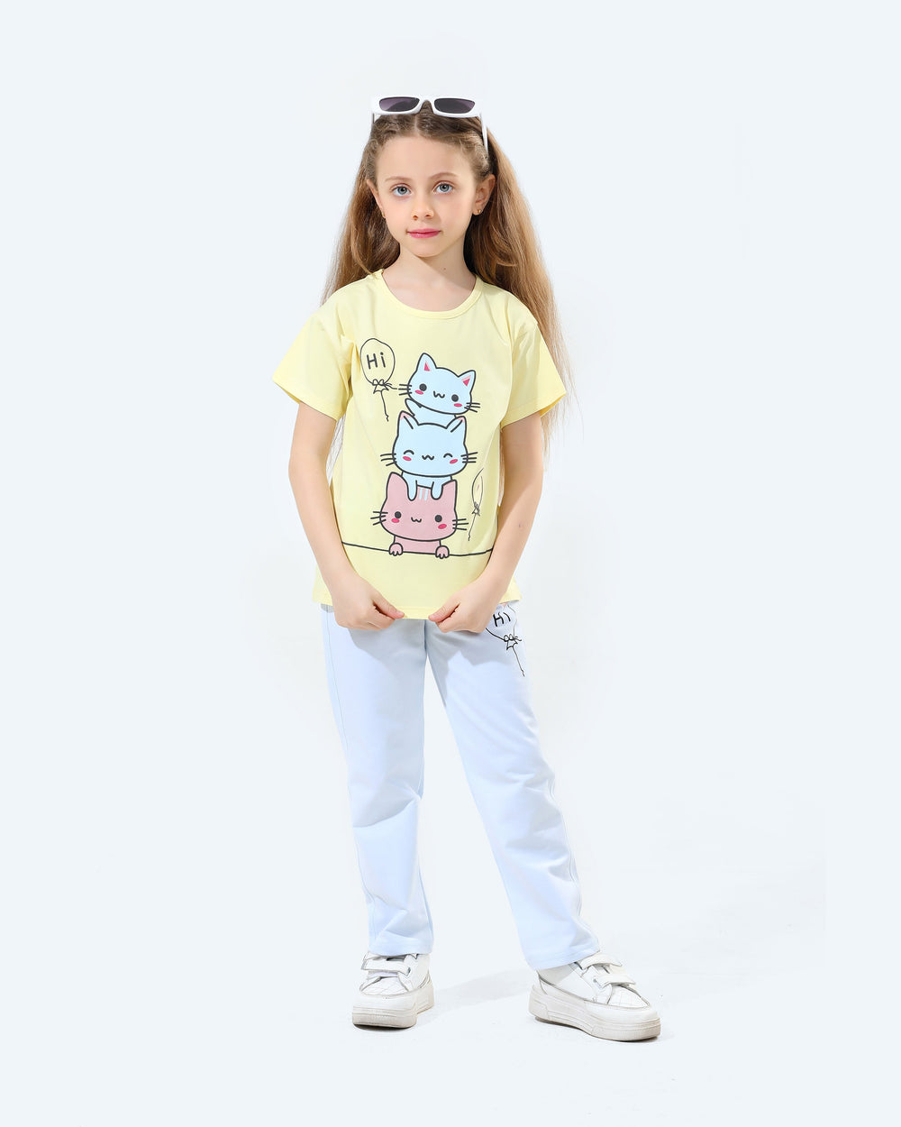 Girls Cartoon Cat T-Shirt and Jogger Set | Light Yellow - Remint Kids Fashion
