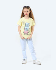Girls Cartoon Cat T-Shirt and Jogger Set | Light Yellow - Remint Kids Fashion