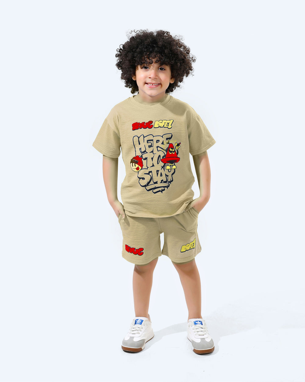 Boys "Here to Slay" Graphic Summer Shorts Set | Beige - Remint Kids Fashion