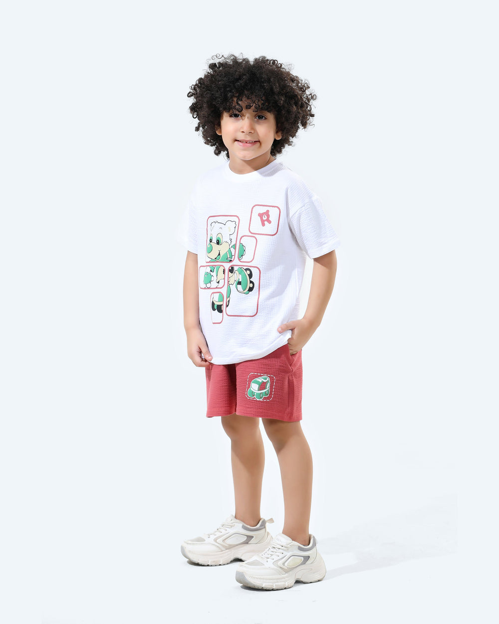 Boys Cartoon Animal Patch T-Shirt and Shorts Set | Tangerine - Remint Kids Fashion