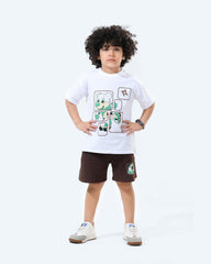 Boys Cartoon Animal Patch T-Shirt and Shorts Set | Brown - Remint Kids Fashion