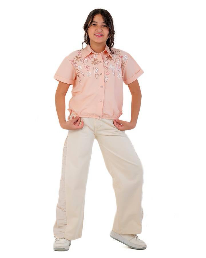 Girls Casual Wide-Leg Pants with Side Detail | Beige - Remint Kids Fashion