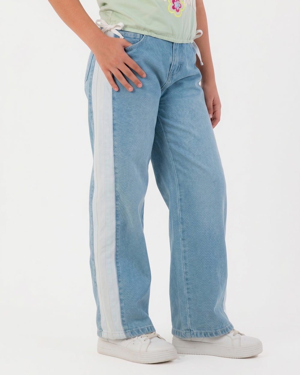 Girls Denim Wide-Leg Pants with White Side Panel | Light Wash - Remint Kids Fashion