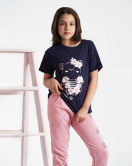 Girls Bear Lovers Printed Set | Dark Blue - Remint Kids Fashion
