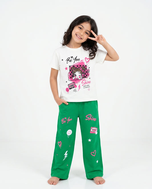 Girls Be You Graphic Set | Green - Remint Kids Fashion