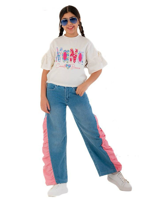 Girls “Hello” Graphic Ruffle Sleeve T-Shirt | Off-White - Remint Kids Fashion