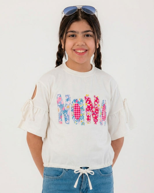 Girls “Hello” Graphic Ruffle Sleeve T-Shirt | Off-White - Remint Kids Fashion