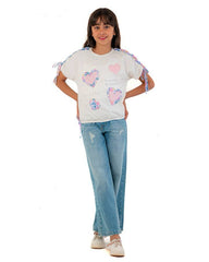 Girls Heart Print Tie Sleeve T-Shirt | Off-White - Remint Kids Fashion
