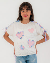 Girls Heart Print Tie Sleeve T-Shirt | Off-White - Remint Kids Fashion