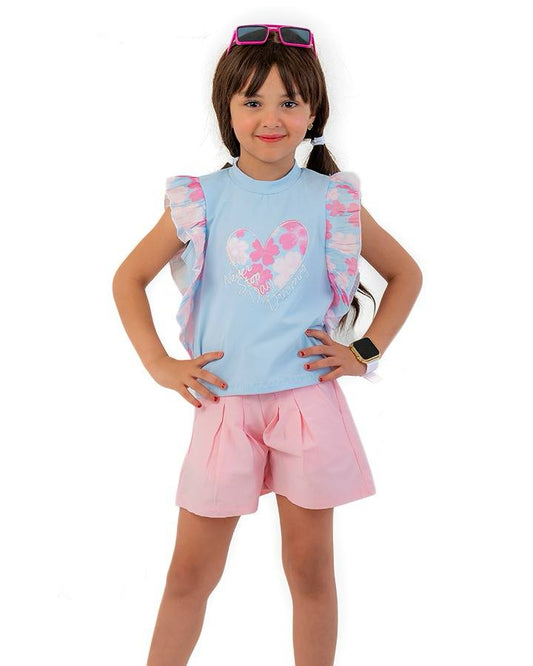 Girls Ruffle Sleeve Heart Print T-Shirt | Sky Blue - Remint Kids Fashion