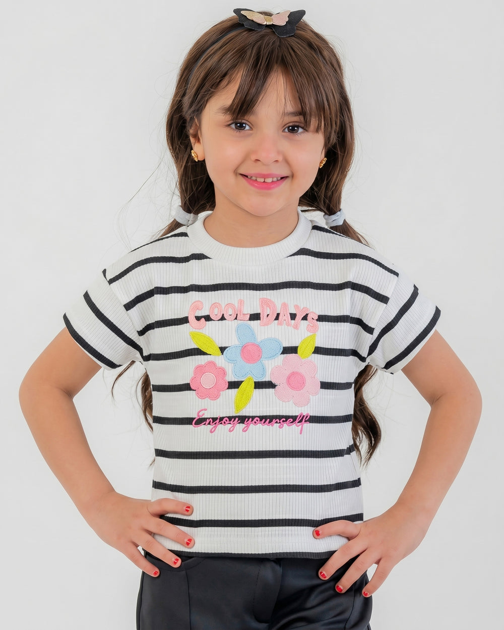 Girls Striped Floral Graphic T-Shirt | Black - Remint Kids Fashion