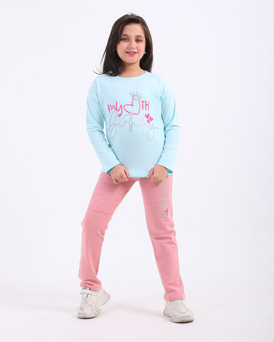 Girls Cotton Sweatshirt & Jogger Set | Aqua - Remint Kids Fashion