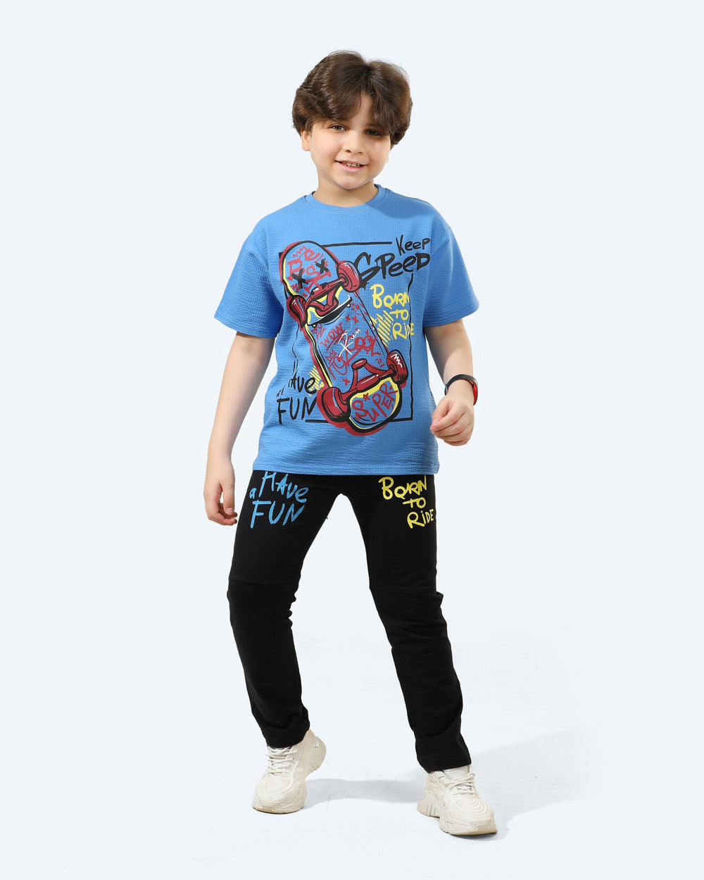 Boys Born to Ride Skateboard Print Set | Celtic Blue - Remint Kids Fashion