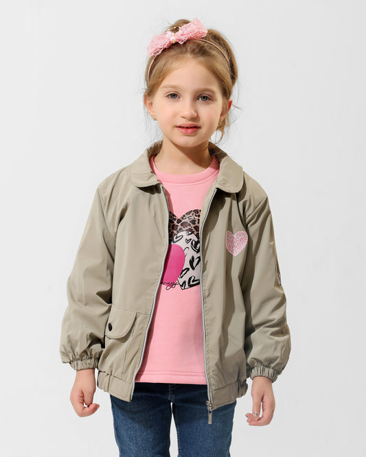 Girls Heart Print Jacket & T-Shirt Set | Beige - Remint Kids Fashion