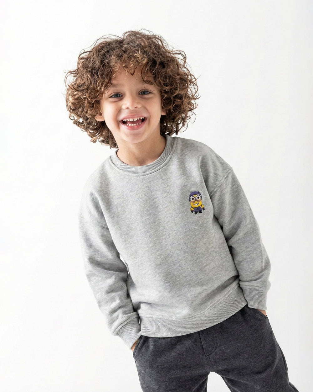 Boys Minions Patch Sweatshirt | Grey - Remint Kids Fashion