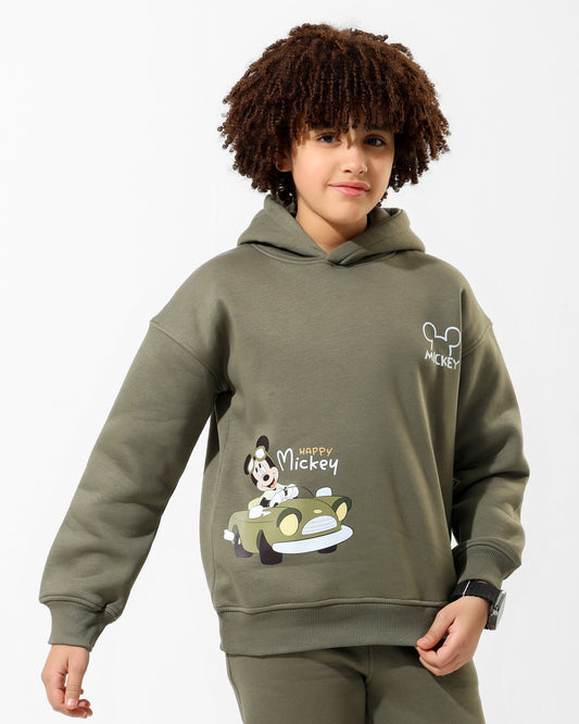 Kids Happy Mickey Olive Hoodie | Olive Green - Remint Kids Fashion