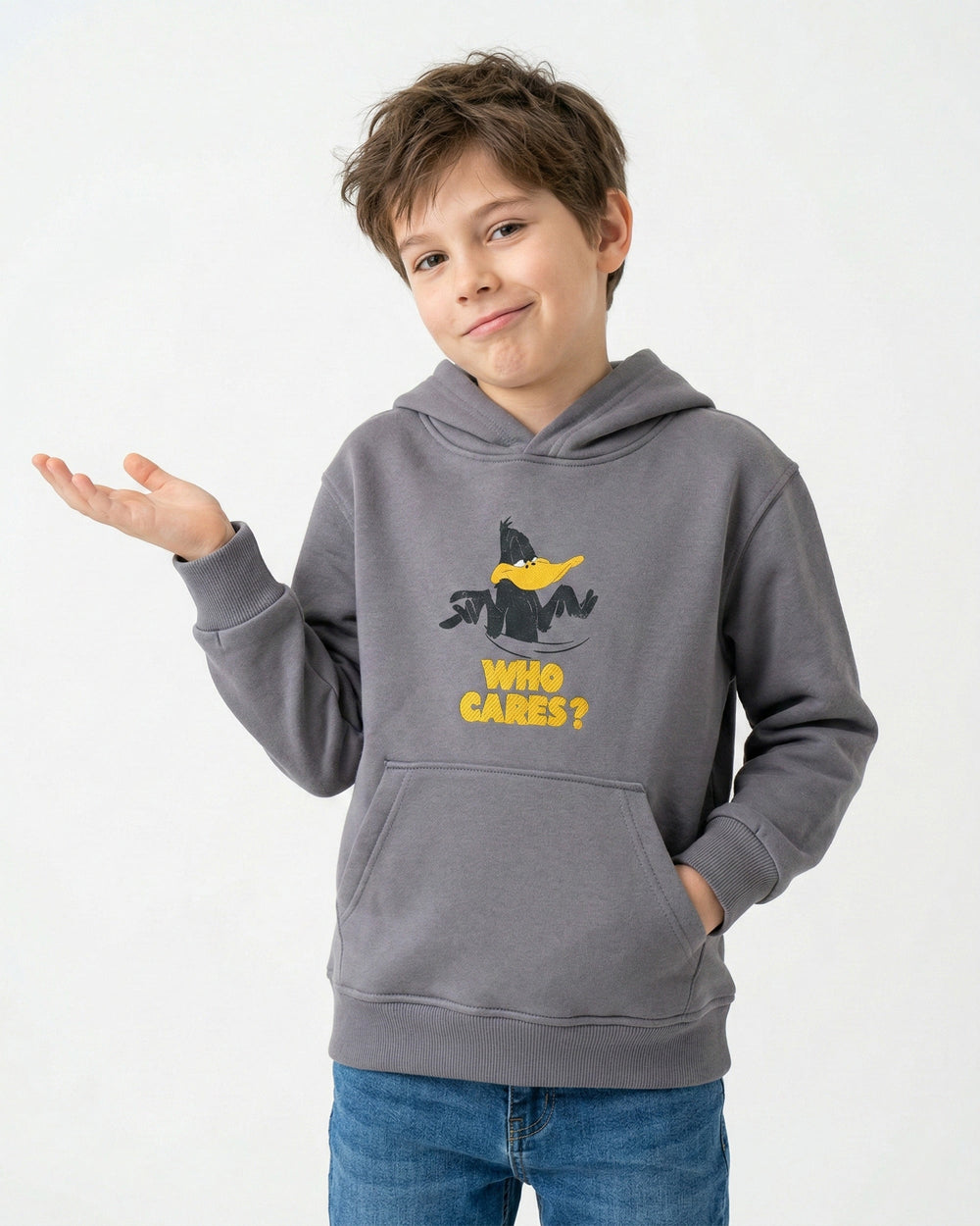 Boys Daffy Duck Who Cares Hoodie | Grey - Remint Kids Fashion
