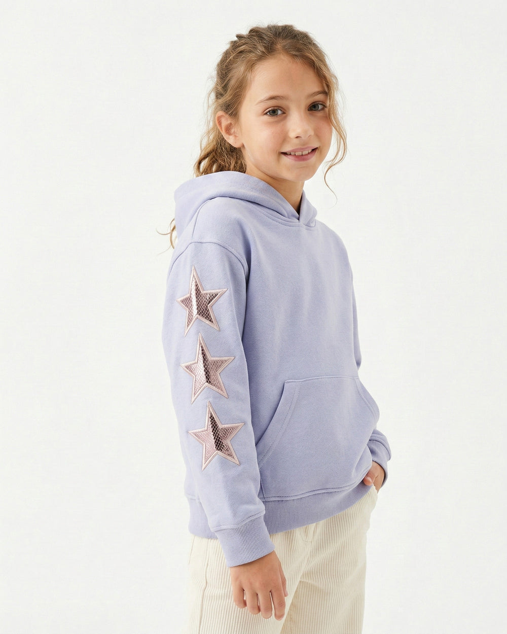 Girls Star Patch Sleeve Hoodie | Light Lilac - Remint Kids Fashion