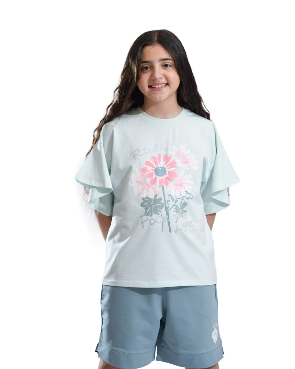 Girls Floral Graphic Set | Aqua - Remint Kids Fashion