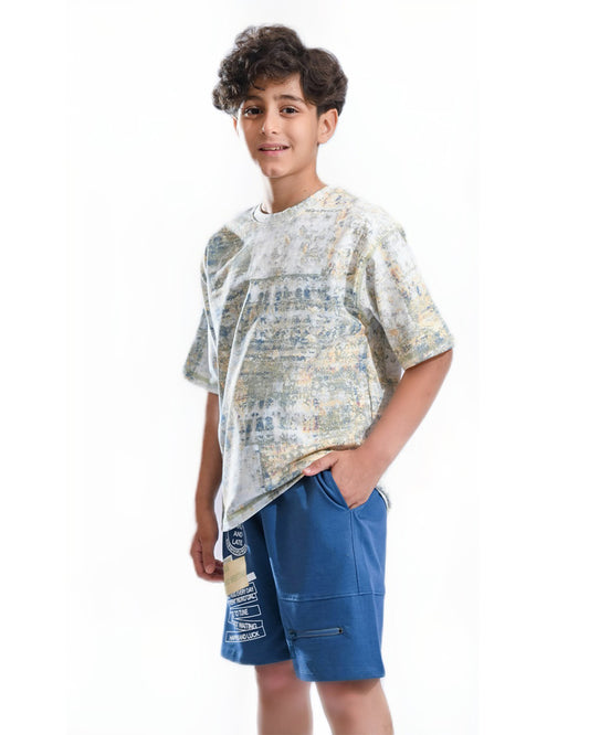 Boys Urban Print T-Shirt & Shorts Set | Celtic Blue - Remint Kids Fashion