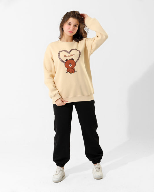 Girls Bear Heart Print Set | Beige - Remint Kids Fashion