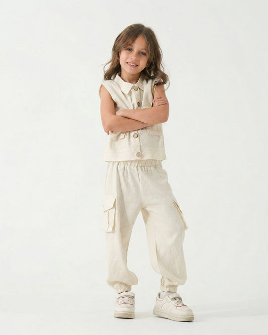 Girls Utility Vest & Cargo Jogger Pants Set | Beige - Remint Kids Fashion