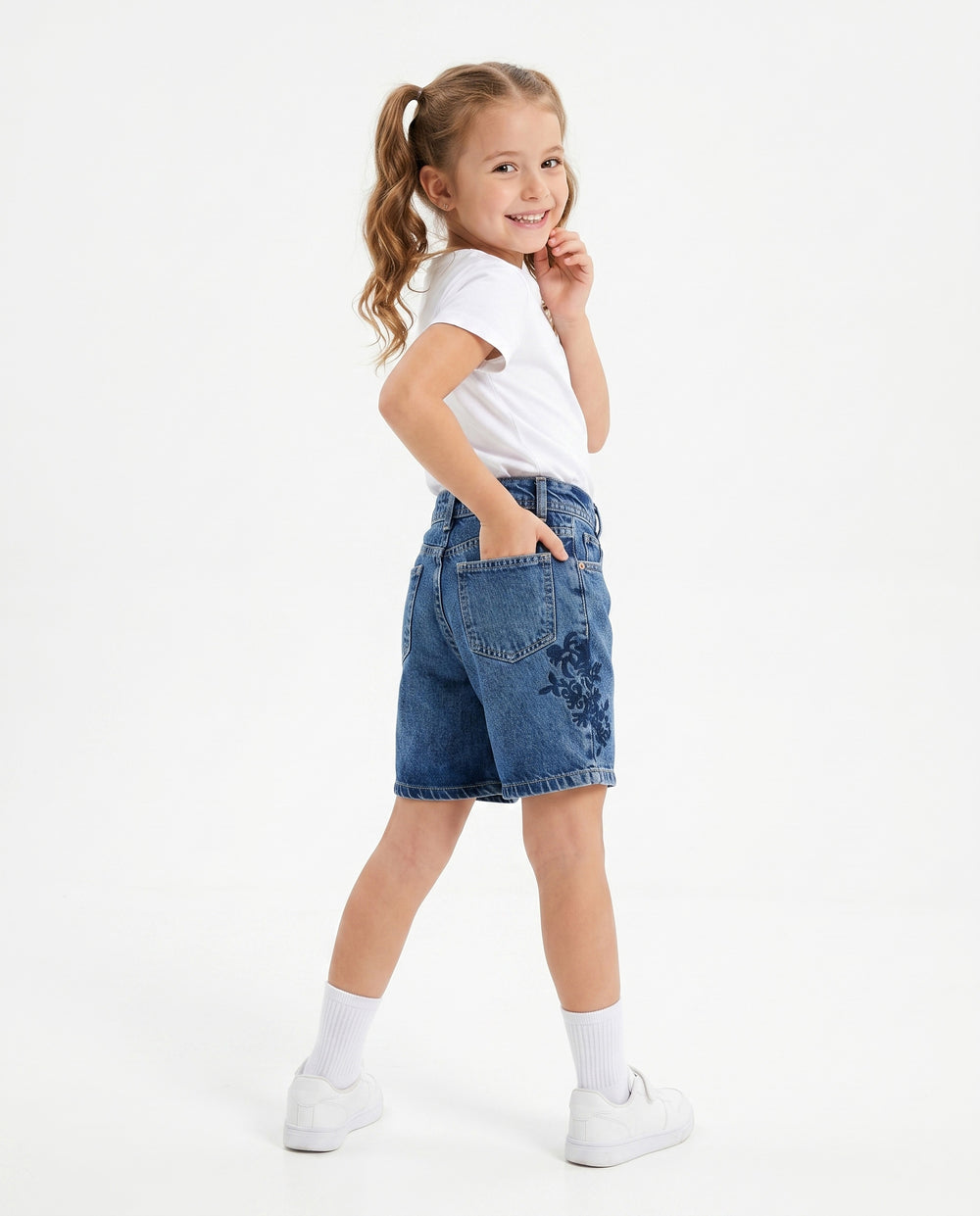 Girls Floral Print Denim Shorts | Medium Wash - Remint Kids Fashion