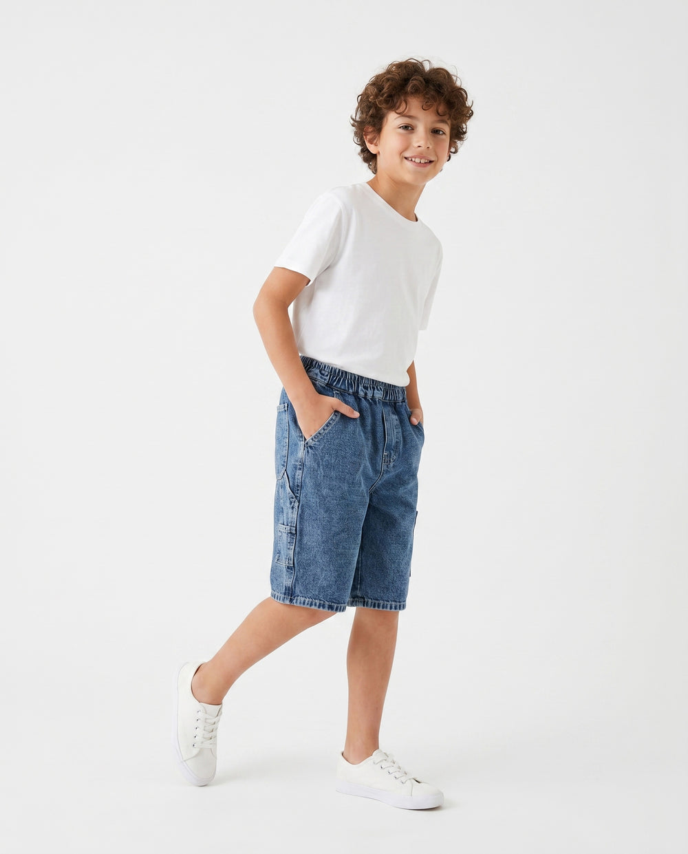 Boys Denim Cargo Bermuda Shorts | Medium Wash - Remint Kids Fashion