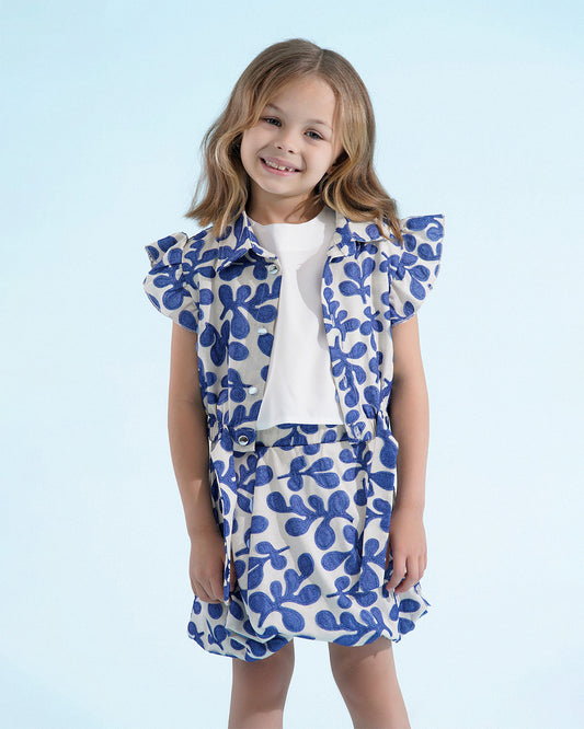 Girls Floral Print Ruffle Sleeve Dress | Blue - Remint Kids Fashion