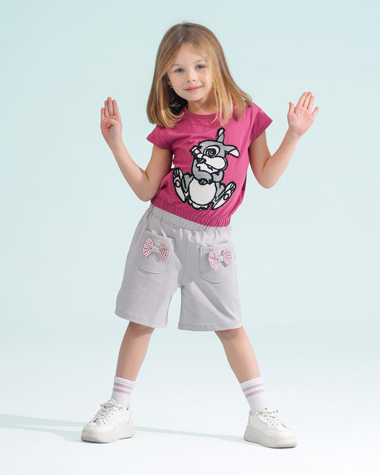 Girls Bunny Graphic T-Shirt & Shorts Set | Pink - Remint Kids Fashion