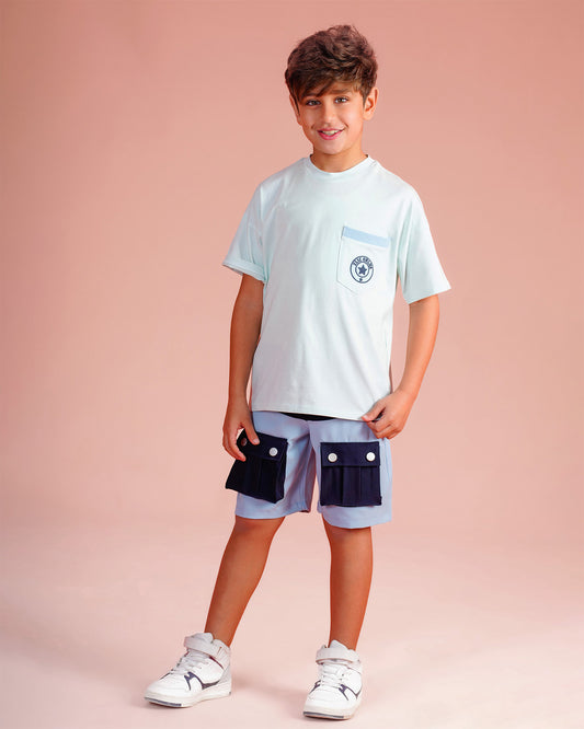 Boys Minimal Graphic Tee with Cargo Shorts Set | Light Blue - Remint Kids Fashion