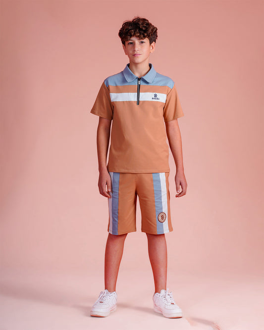 Boys Color Block Zip Polo & Shorts Set | Light Blue - Remint Kids Fashion