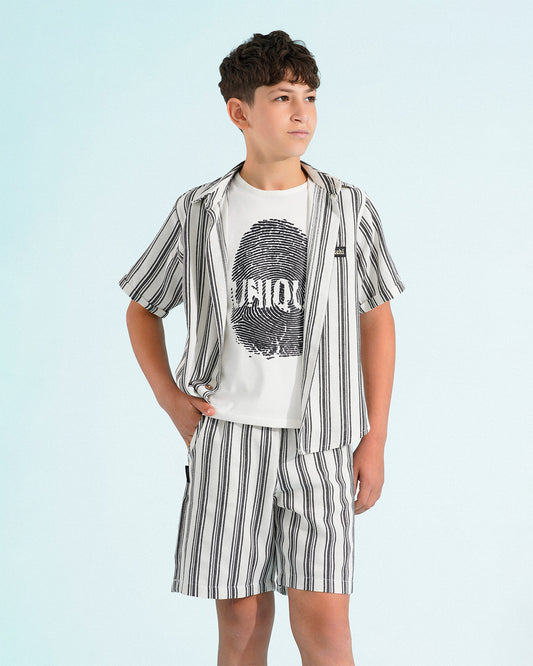 Boys Striped Shirt & Shorts Set with Graphic T-Shirt | Off-White - Remint Kids Fashion