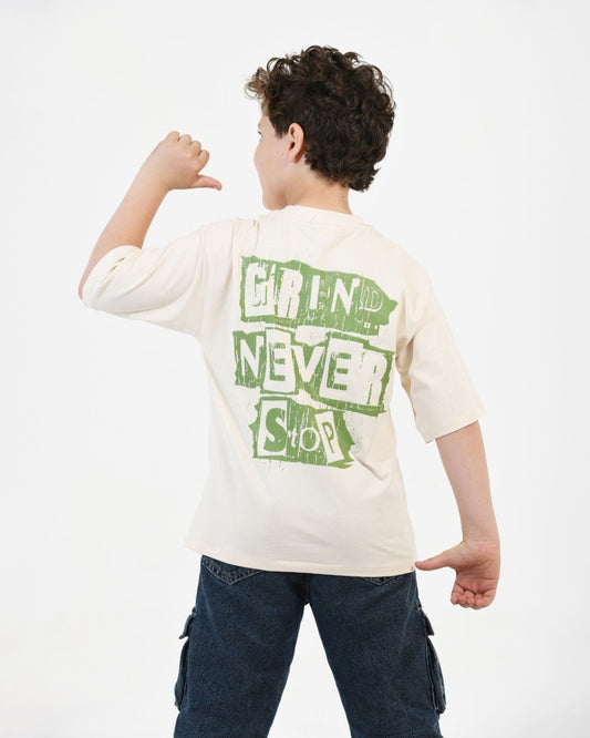 Boys Grind Never Stop Graphic T-Shirt | Ecru - Remint Kids Fashion