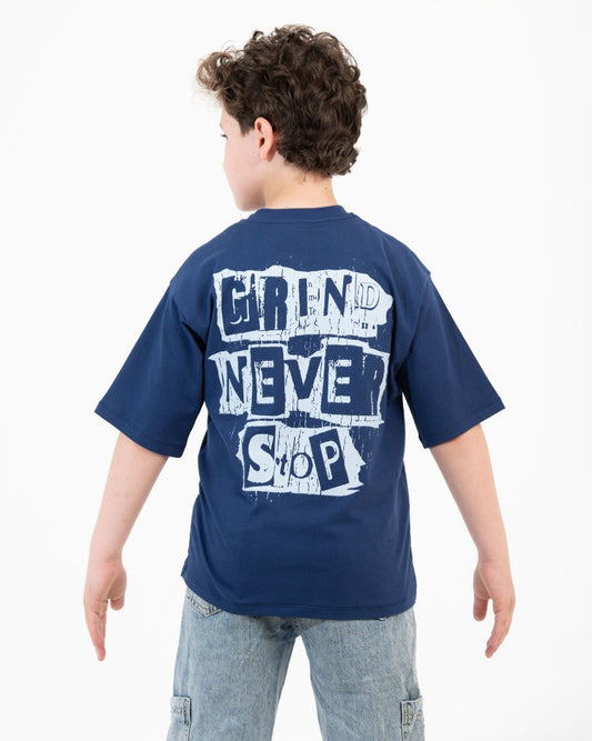 Boys Grind Never Stop Graphic T-Shirt | Dark Blue - Remint Kids Fashion