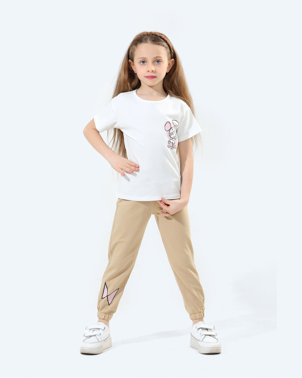Girls Cartoon Graphic T-Shirt & Jogger Pants Set | Beige - Remint Kids Fashion