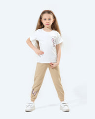 Girls Cartoon Graphic T-Shirt & Jogger Pants Set | Beige - Remint Kids Fashion