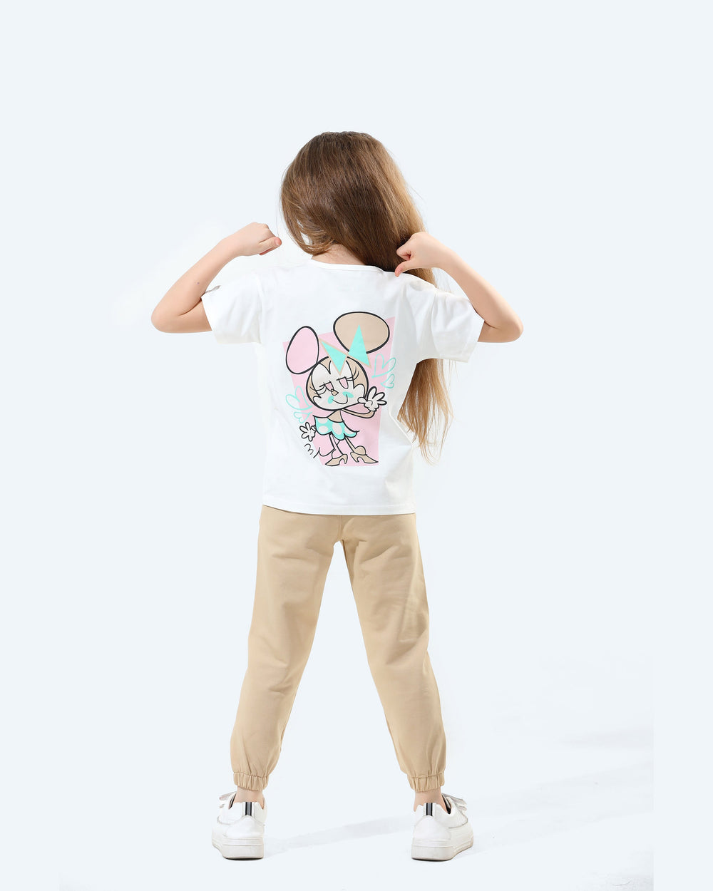 Girls Cartoon Graphic T-Shirt & Jogger Pants Set | Beige - Remint Kids Fashion
