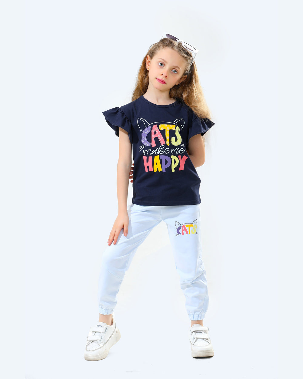 Girls Cats Make Me Happy 2-Piece Set | Dark Blue - Remint Kids Fashion