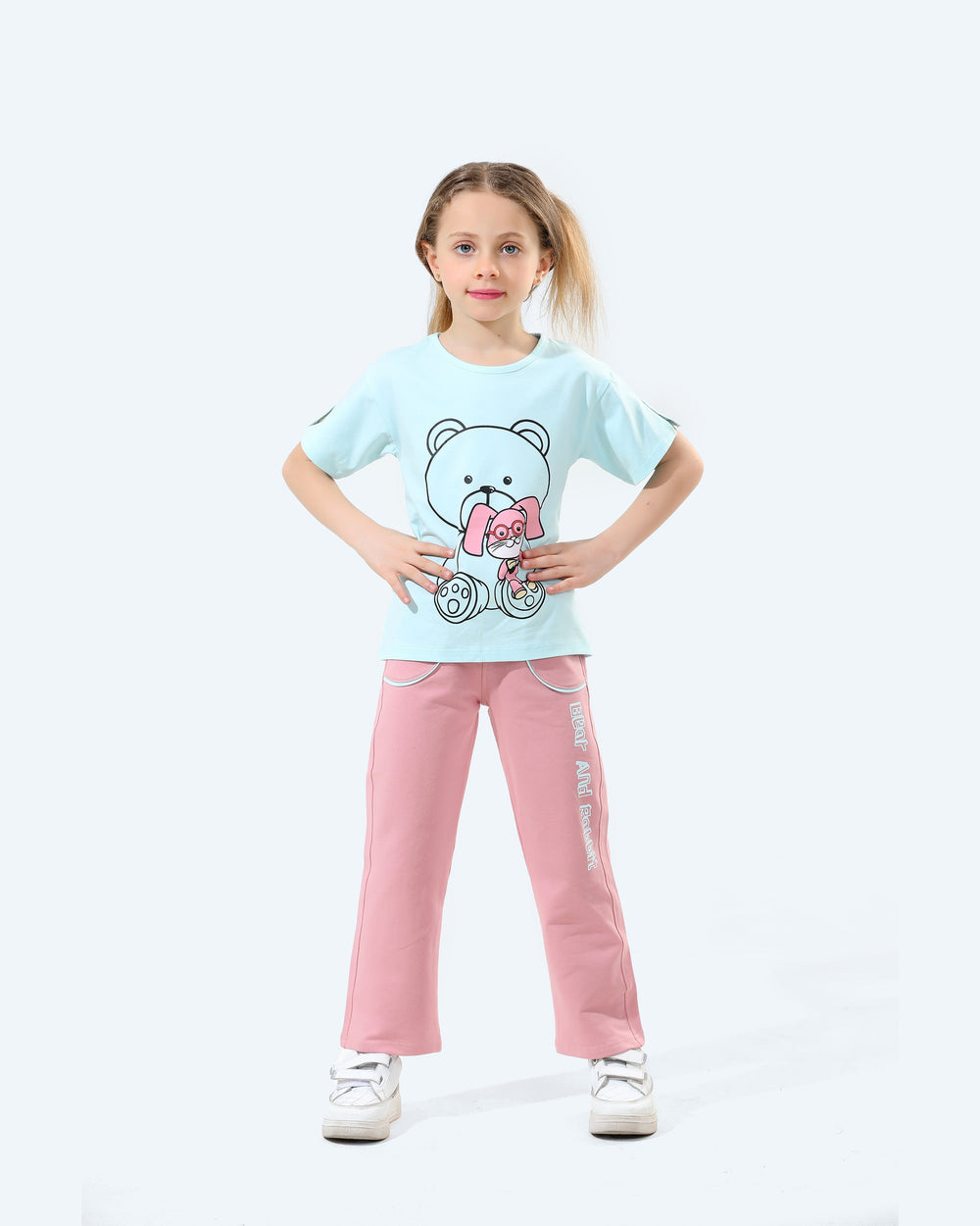 Girls 2-Piece Set with Bear & Bunny Print | Aqua - Remint Kids Fashion