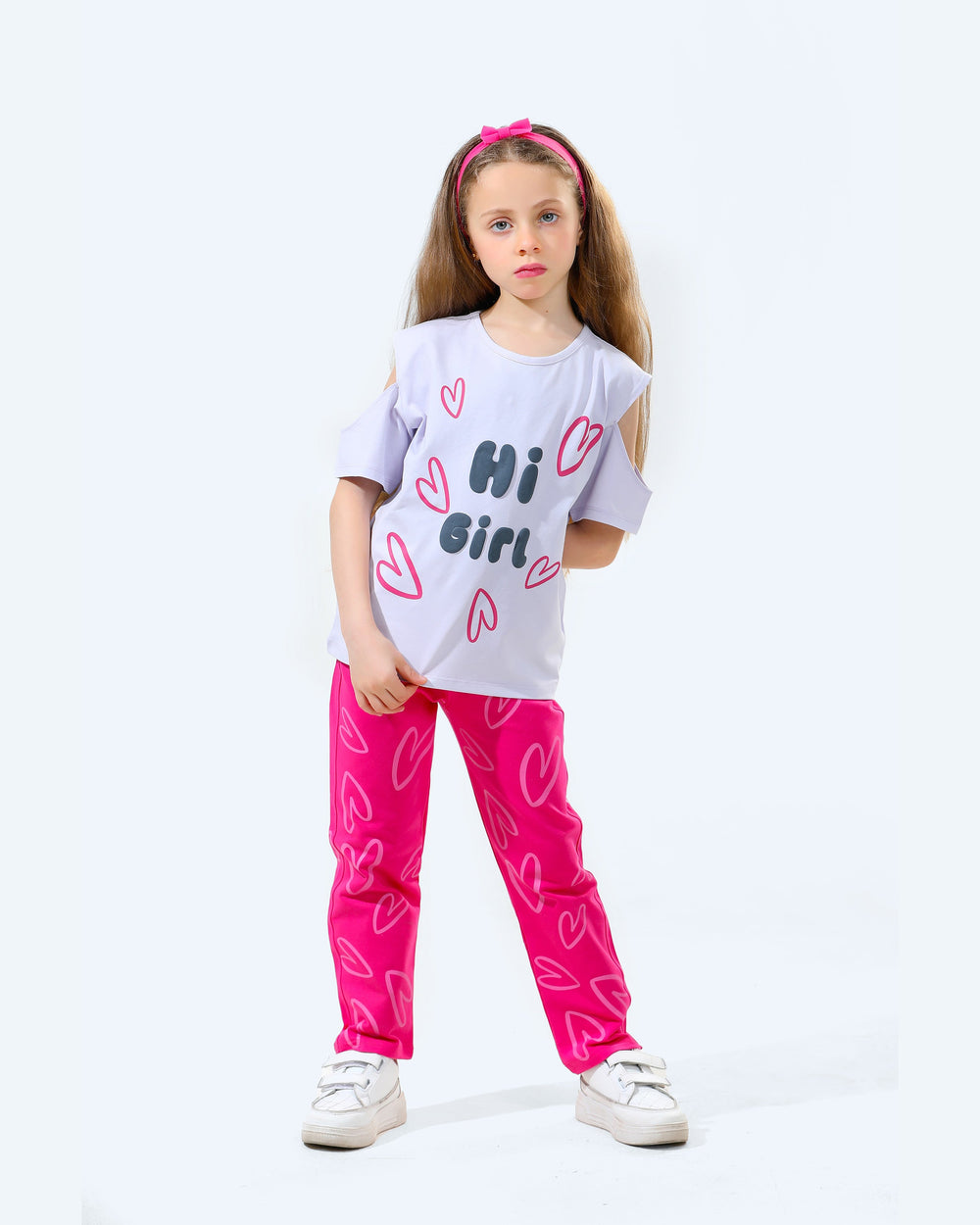 Girls Hi Girl Printed Set with Heart Pants | Light Lilac - Remint Kids Fashion