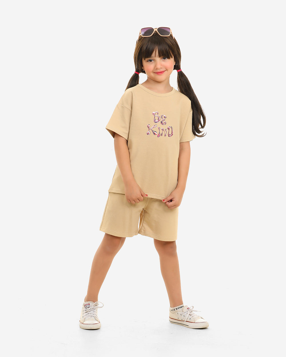 Girls "Be Kind" Summer Shorts Set | Beige - Remint Kids Fashion