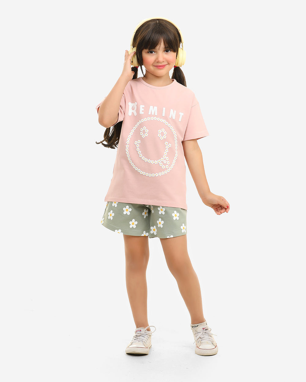 Girls Smiley Flower Print Shorts Set | Cashmere - Remint Kids Fashion