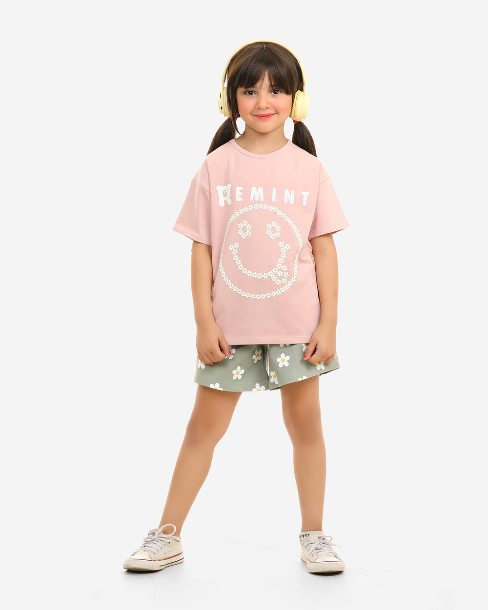 Girls Smiley Flower Print Shorts Set | Cashmere - Remint Kids Fashion