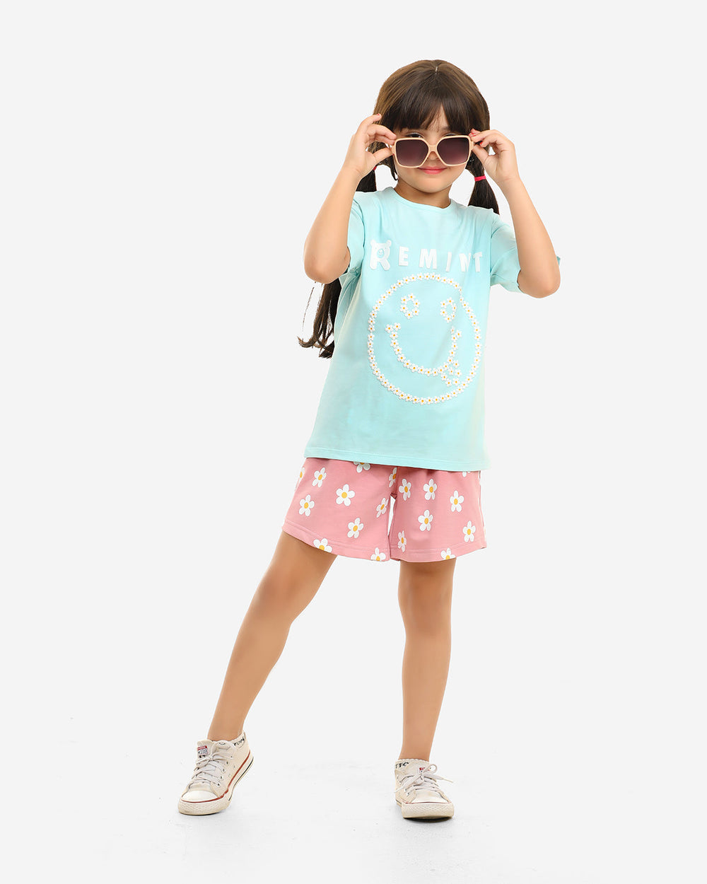 Girls Smiley Flower Print Shorts Set | Aqua - Remint Kids Fashion