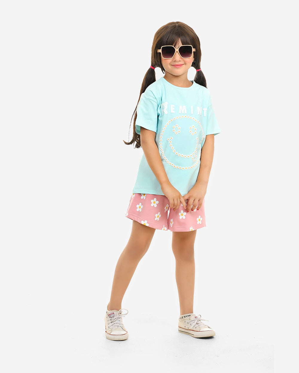 Girls Smiley Flower Print Shorts Set | Aqua - Remint Kids Fashion