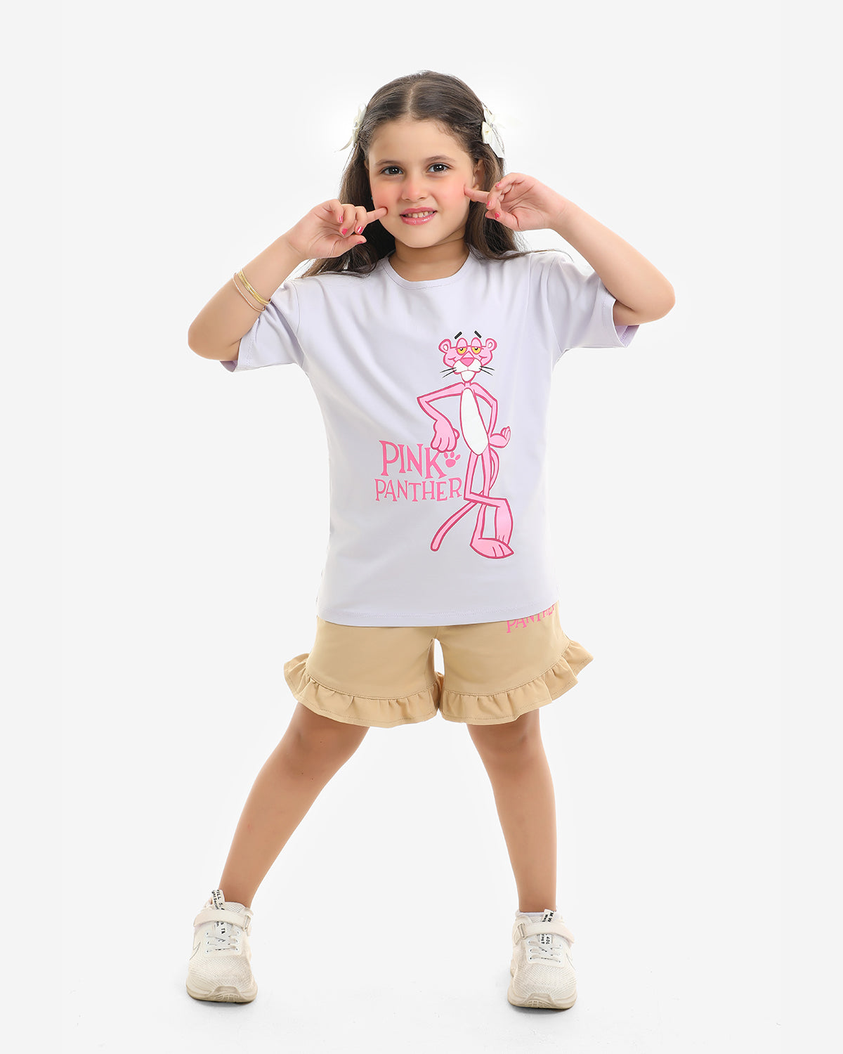 Girls Pink Panther Summer Frill Shorts Set | Beige - Remint Kids Fashion